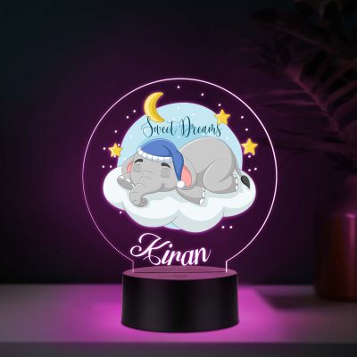 Personalized Sweet Dreams Elephant LED Night Light with Color Changing Nursery Decor with Moon and Stars Theme Bedside Kids Room Desk Table Lamp
